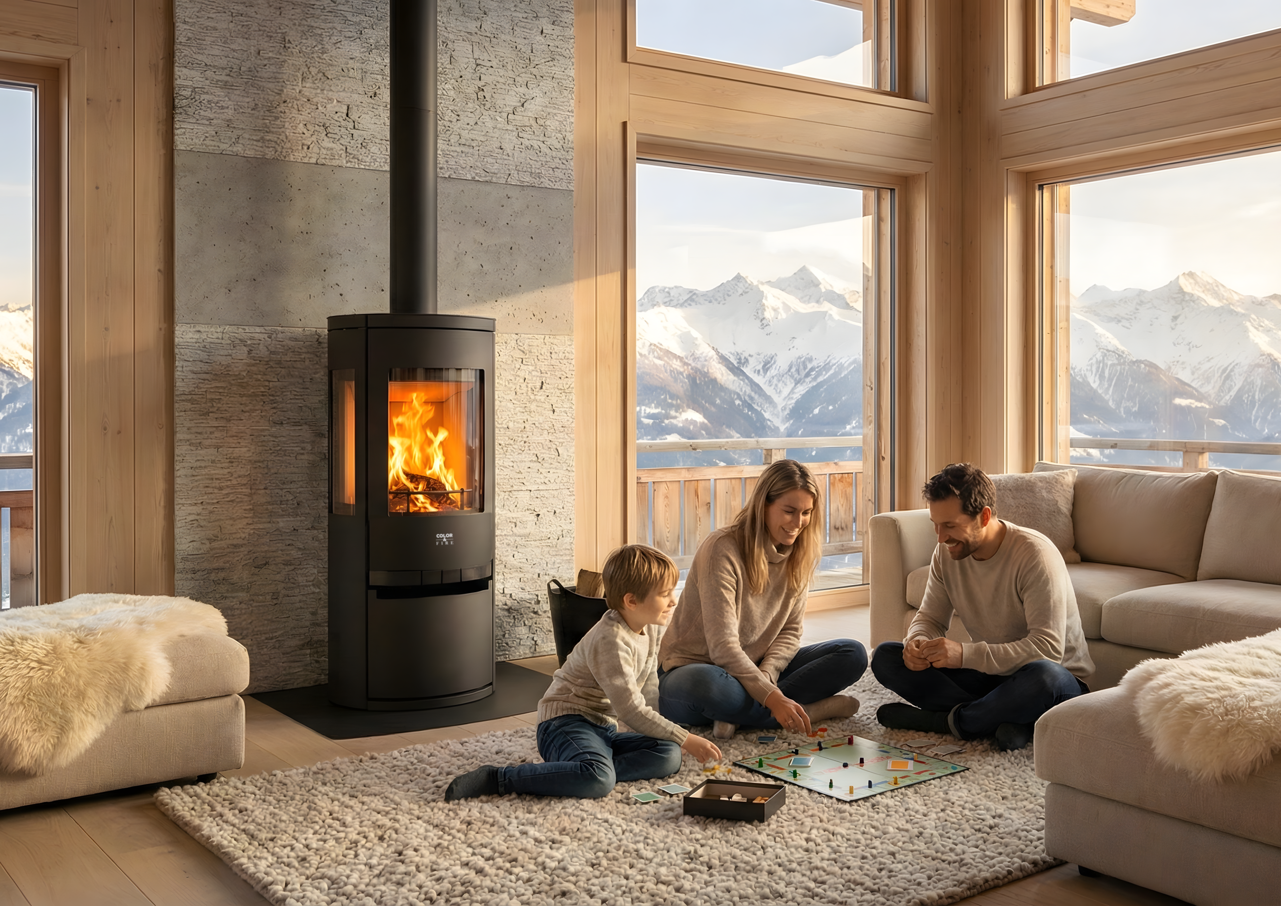 Poêle à bois G3 Trivision Color & Fire dans un intérieur