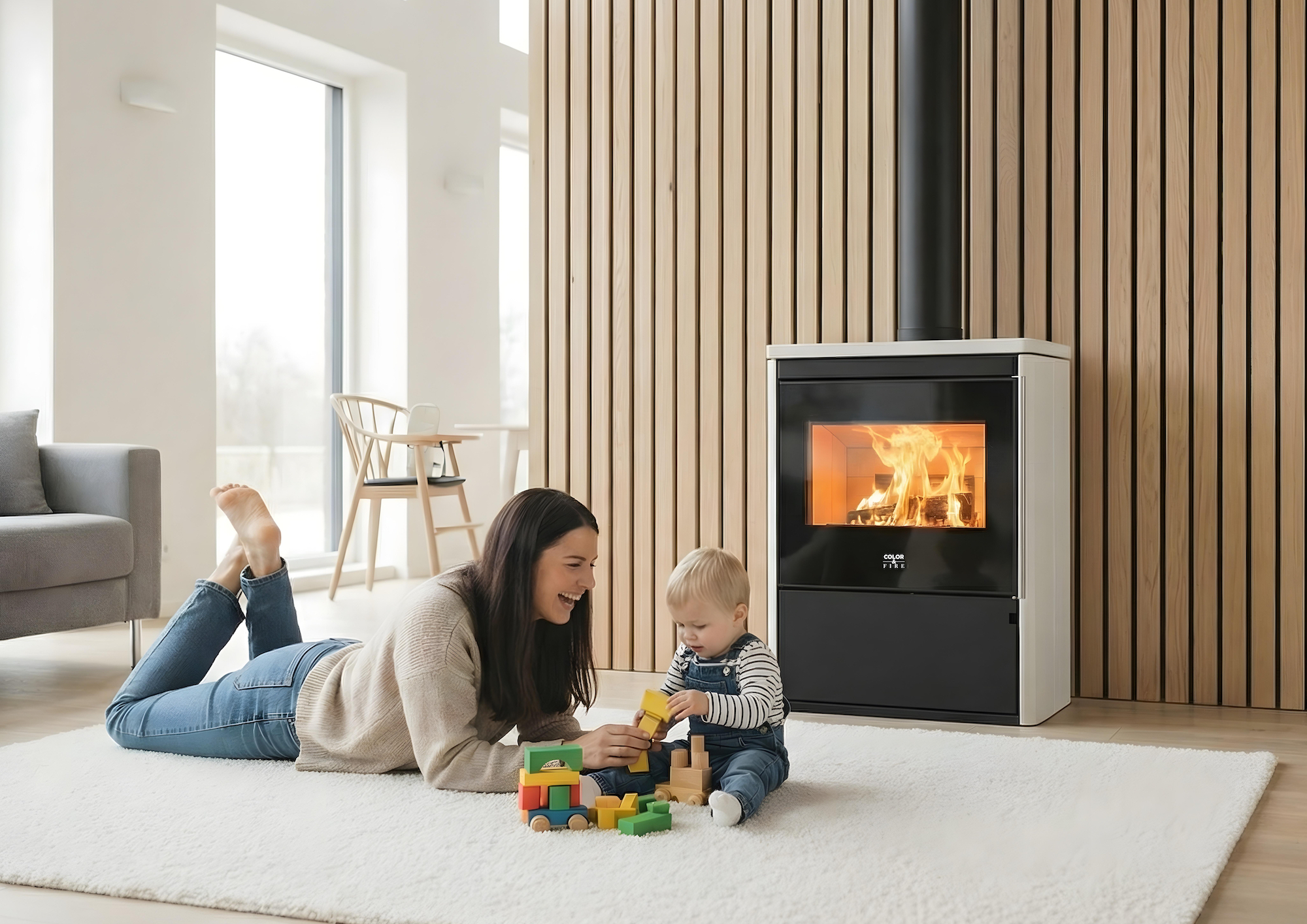 Poêle à bois Aubrac M2 Color & Fire dans un intérieur